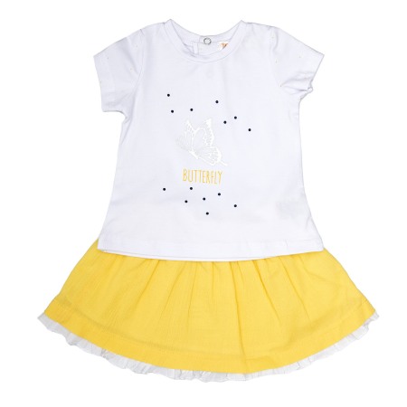 Set 2/3 piese maneca scurta - Set vara fete tricou alb cu fusta galbena, Babybol