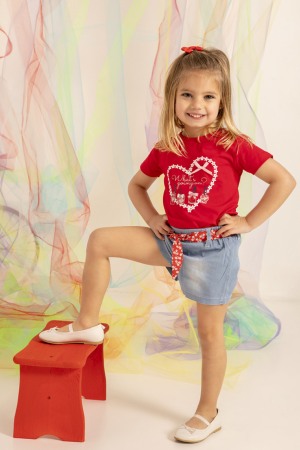 Set vara fetite , tricou rosu si pantalon jeans scurt, , centura material , Babybol [1]