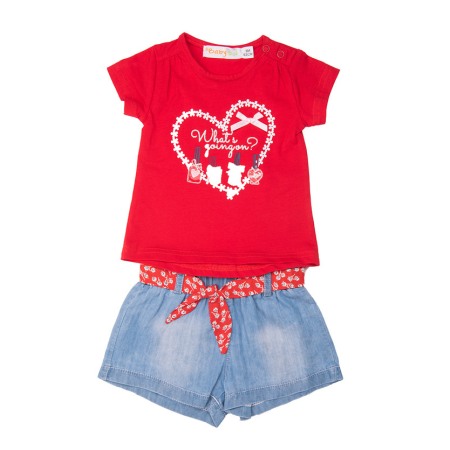 Set 2/3 piese maneca scurta - Set vara fetite , tricou rosu si pantalon jeans scurt, , centura material , Babybol