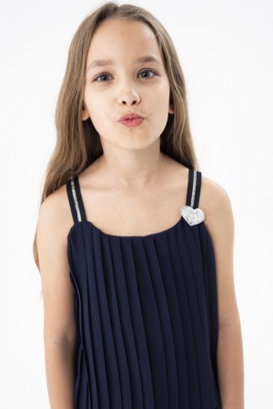 Tricouri maneca scurta - Top fete cu bretele, chifon plisat, albastru marin, BOBOLI