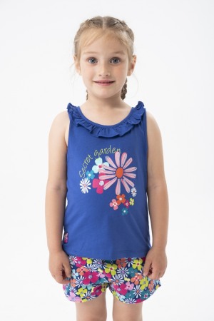 Tricouri maneca scurta - Top fetite bumbac better cotton, imprimeu floral, albastru, brand BOBOLI