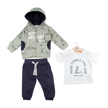 Trening/Pantaloni sport - Trening 3 piese baiat, bumbac, hanorac cu gluga, kaki, Babybol