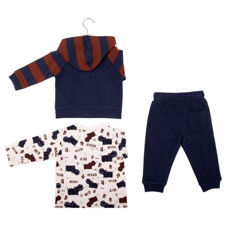 Trening / Pantaloni sport - Trening 3 piese baiat, bumbac, navy cu dungi maro, Babybol