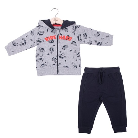 Trening / Pantaloni sport - Trening bumbac baiat 2 piese vatuit, hanorac cu gluga, imprimeu masinute, gri, Babybol