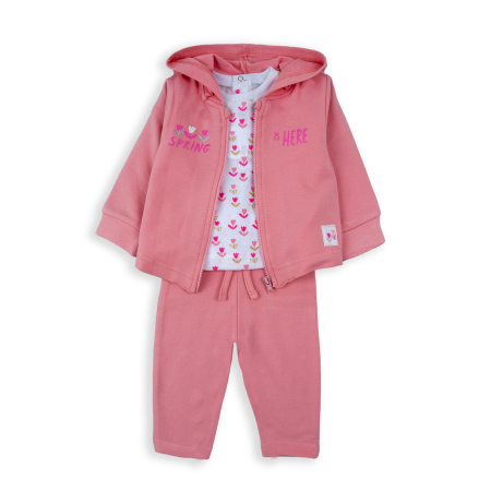 Trening 2/3 piese primavara - Trening fete primavara, hanorac cu gluga+tricou+pantaloni, roz, brand Babybol