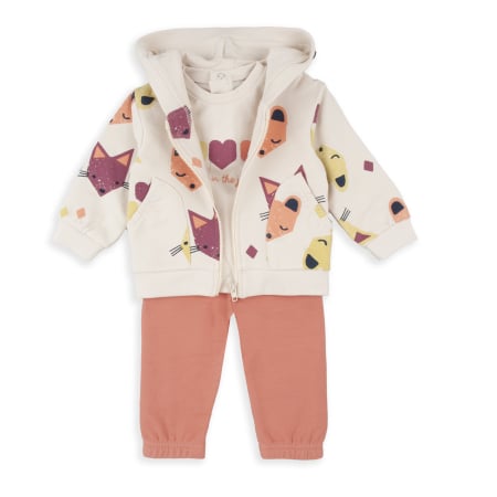 Set 2/3 piese maneca lunga - Trening fetite 3 piese, bumbac oeko tex, imprimeu vulpite, multicolor, brand Babybol