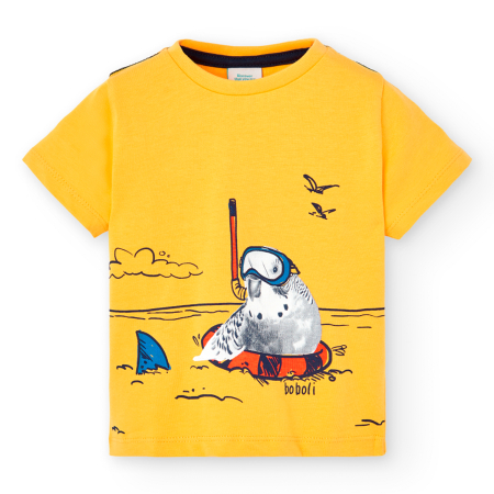 Tricouri maneca scurta - Tricou baiat 1-8 ani, maneca scurta, imprimeu pasare, galben, brand Boboli