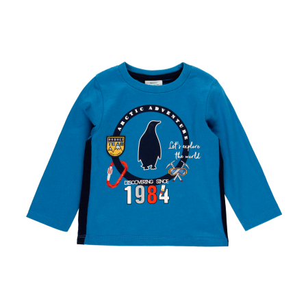 Tricouri maneca lunga - Tricou baiat maneca lunga, bumbac oeko tex, imprimeu pinguin, brand BOBOLI