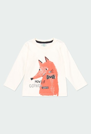 Tricouri maneca lunga - Tricou baiat maneca lunga, imprimeu vulpe, alb, Boboli