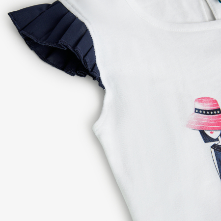 Tricou elegant fetite, imprimeu fetite cu strasuri, maneci plisee, alb, brand Boboli [2]