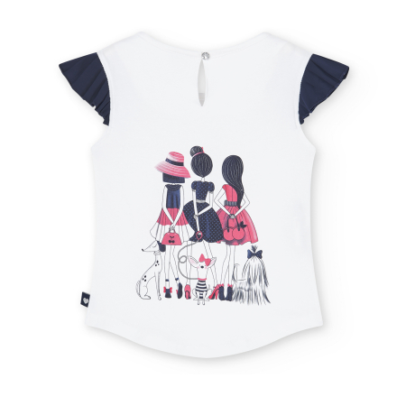 Tricou elegant fetite, imprimeu fetite cu strasuri, maneci plisee, alb, brand Boboli [1]