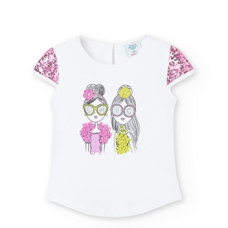 Tricouri maneca scurta - Tricou fete CHIC, maneca scurta, imprimeu floral, paiete, roz, BOBOLI
