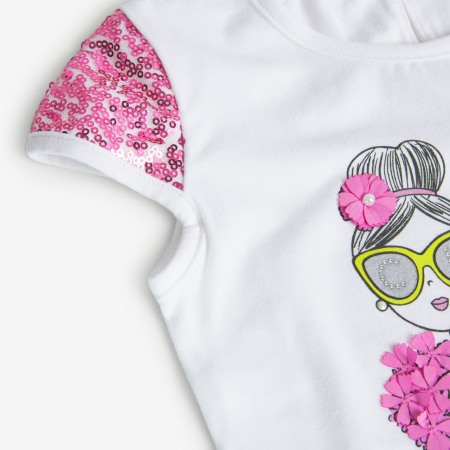 Tricou fete CHIC, maneca scurta, imprimeu floral, paiete, roz, BOBOLI [2]