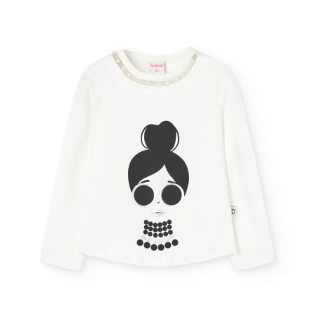 Tricouri maneca lunga - Tricou fete CHIC, ornat cu perle la guler, alb, Boboli