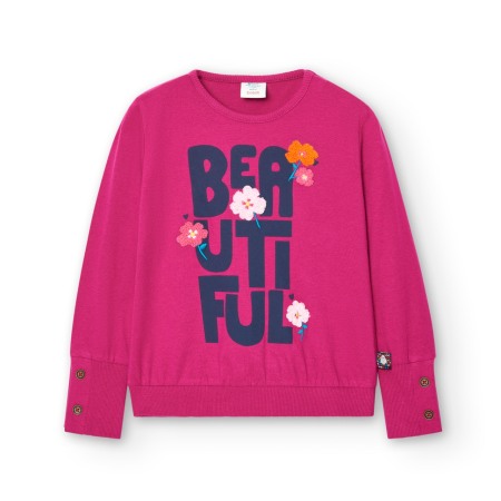 Tricouri maneca lunga - Tricou fete maneca lunga, bumbac, broderie florala, ciclam, brand Boboli