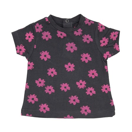 Fete - Tricou fetite maneca scurta, gri petrol cu flori mov, Babybol