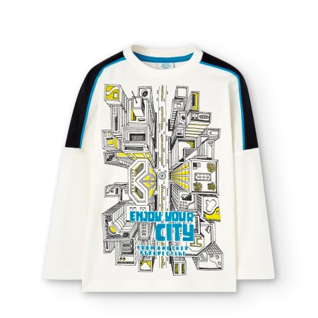 Tricouri maneca lunga - Tricou maneca lunga copii, bumbac, imprimeu city, alb, brand Boboli