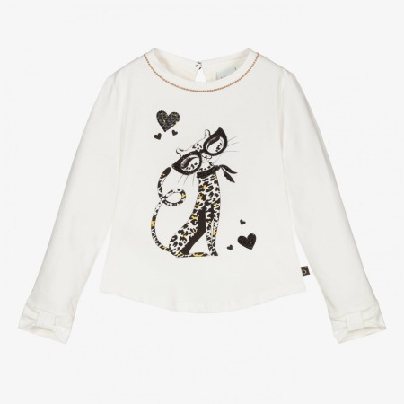 Fete/Baieti 2- 16 ani - Tricou maneca lunga fete, imprimeu pisicuta, strasuri negre, Boboli