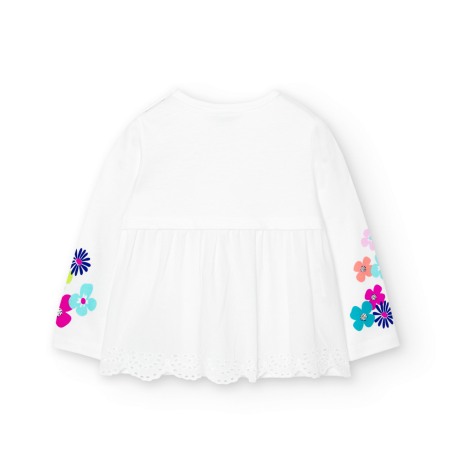 Tricou maneca lunga fete, imprimeu si aplicatii florale, bumbac better cotton, alb, Boboli [3]