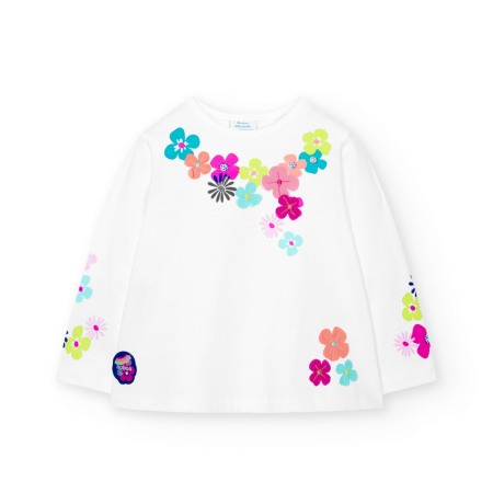 Fete - Tricou maneca lunga fete, imprimeu si aplicatii florale, bumbac better cotton, alb, Boboli
