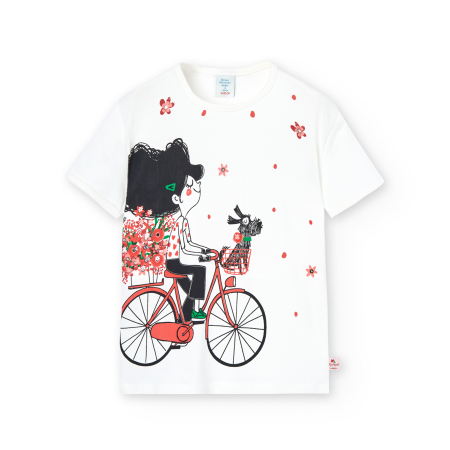 Fete 2-16 ani - Tricou maneca scurta fetite 4-14 ani, imprimeu fetita pe bicicleta, brand Boboli