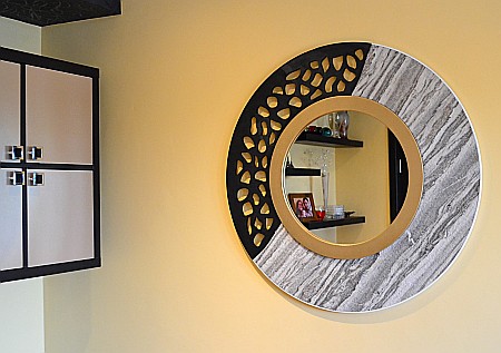 Oglinda moderna decorativa de lux, de perete, rotunda 90cm, din MDF placat, Kingaroma, Marble [1]