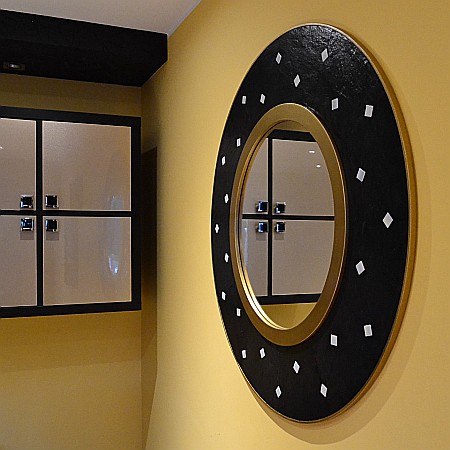 Oglinda decorativa de lux, de perete, rotunda 90cm, din MDF placat, Kingaroma, Ardezie Black [2]