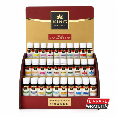 Pachet 100 uleiuri aromaterapie 10 ml + stand expo – set retail, display, revânzare | King Aroma