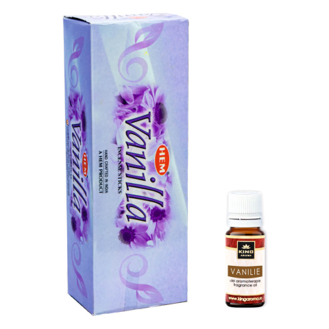 Pachet Bețisoare Parfumate HEM + Ulei Parfumat Aromaterapie - betisoare-parfumate-hem-vanilie-ulei-aromaterapie-vanilie-king-aroma-pachet
