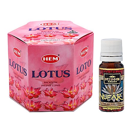 Pachet Conuri Backflow HEM + Ulei Parfumat Aromaterapie - Pachet 40 Conuri parfumate Backflow HEM Lotus si Ulei aromaterapie Nufar Kingaroma, 10 ml