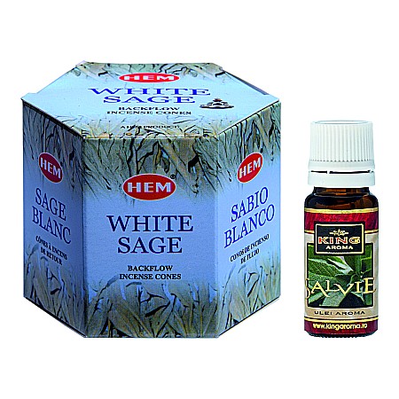Conuri Backlow & Ulei Aromaterapie - Pachet 40 Conuri parfumate Backflow HEM White Sage si Ulei aromaterapie Salvie Kingaroma, 10 ml