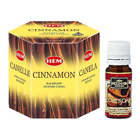 Pachet Conuri Backflow HEM + Ulei Parfumat Aromaterapie - Pachet 40 Conuri parfumate Backflow HEM Scortisoara si Ulei aromaterapie Scortisoara Kingaroma, 10 ml