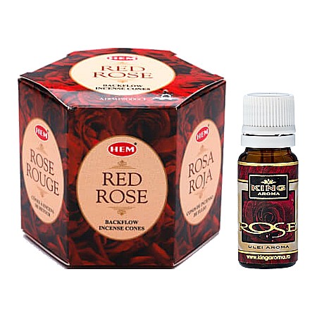 Pachet Conuri Backflow HEM + Ulei Parfumat Aromaterapie - Pachet 40 Conuri parfumate Backflow HEM Red Rose si Ulei aromaterapie Rose Kingaroma, 10 ml