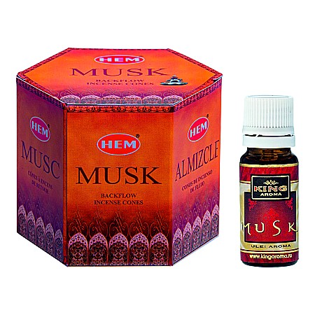 Conuri Backlow & Ulei Aromaterapie - Pachet 40 Conuri parfumate Backflow HEM Musk si Ulei aromaterapie Musk Kingaroma, 10 ml