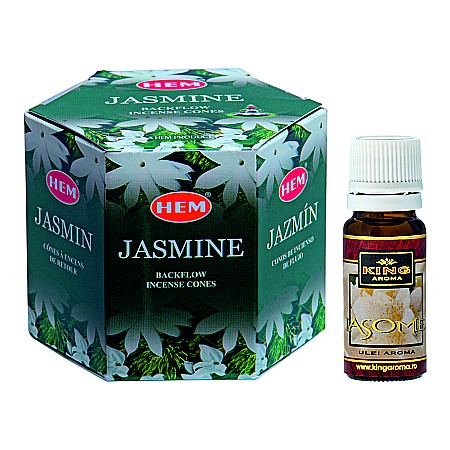 Conuri Backlow & Ulei Aromaterapie - Pachet 40 Conuri parfumate Backflow HEM Iasomie si Ulei aromaterapie Iasomie Kingaroma, 10 ml
