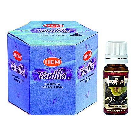 Conuri Backlow & Ulei Aromaterapie - Pachet 40 Conuri parfumate Backflow HEM Vanilie si Ulei aromaterapie Vanilie Kingaroma, 10 ml