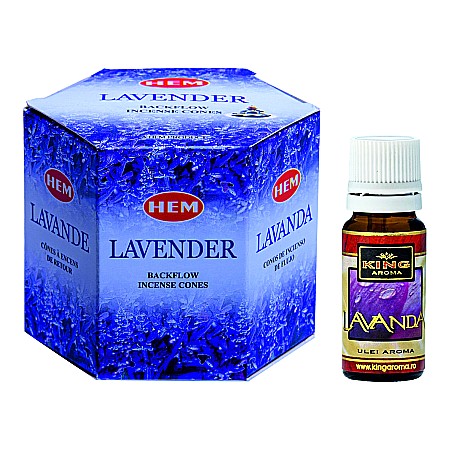 Pachet Conuri Backflow HEM + Ulei Parfumat Aromaterapie - Pachet 40 Conuri parfumate Backflow HEM Lavanda si Ulei aromaterapie Lavanda Kingaroma, 10 ml