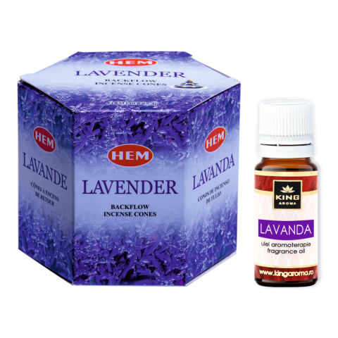 Pachet Promo: 40 Conuri Parfumate Backflow HEM Lavandă + Ulei Aromaterapie Lavandă KING Aroma, 10ml