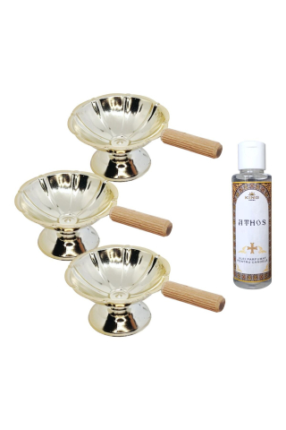 Consumabile Ritualice - Set 3 bucati Catuie metal auriu cu maner de lemn si Ulei parfumat pt candela KING Aroma ATHOS, 50 ml