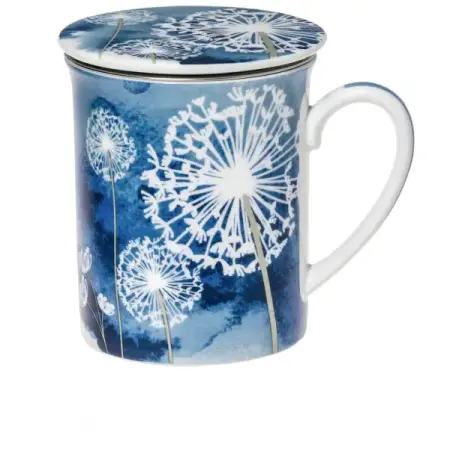 Sticlă și Porțelan - Cană cu capac din porţelan şi infuzor metalic "Dandelion" - albastră