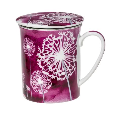 Sticlă și Porțelan - Cană cu capac din porţelan şi infuzor metalic "Dandelion" - roşie