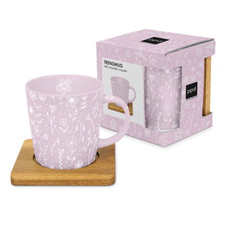 Sticlă și Porțelan - Cana portelan cu suport din lemn Pure rose 0.35l
