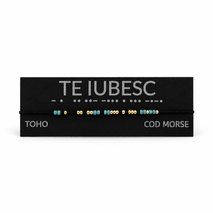 Brățară „ TE IUBESC ” în Cod Morse, handmade, cu mărgele TOHO aurii și turcoaz, reglabilă [2]
