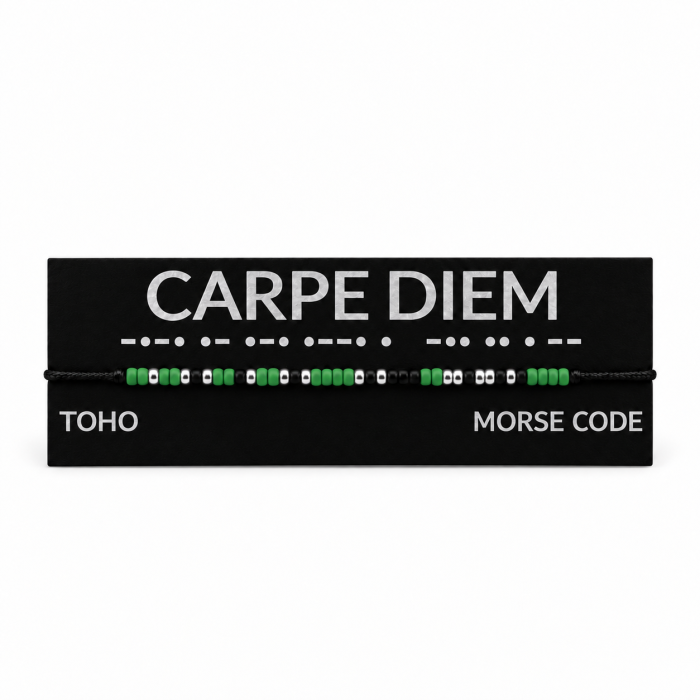 Brățară „ Carpe Diem ” în Cod Morse cu mărgele TOHO – verde, negru și argintiu, handmade, reglabilă [2]