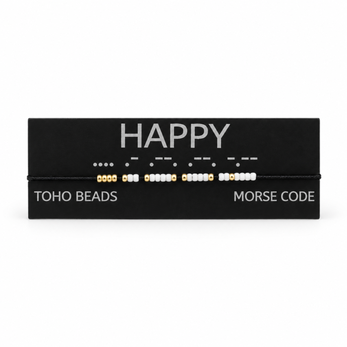 Brățară Morse „ HAPPY ” – mărgele TOHO alb, negru și auriu [2]