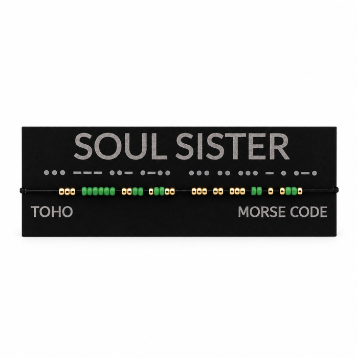 Brățară " Soul Sister " în cod Morse – handmade cu mărgele TOHO aurii, verzi și negre, reglabilă [2]