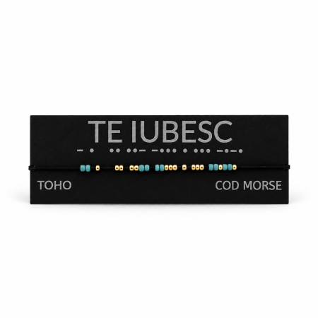 Brățară „ TE IUBESC ” în Cod Morse, handmade, cu mărgele TOHO aurii și turcoaz, reglabilă [1]