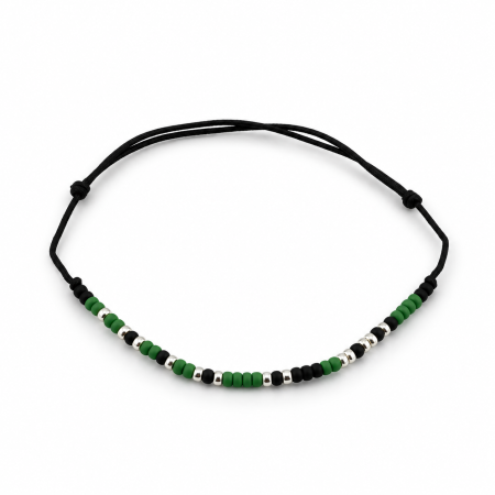 Cod Morse - Brățară „ Carpe Diem ” în Cod Morse cu mărgele TOHO – verde, negru și argintiu, handmade, reglabilă