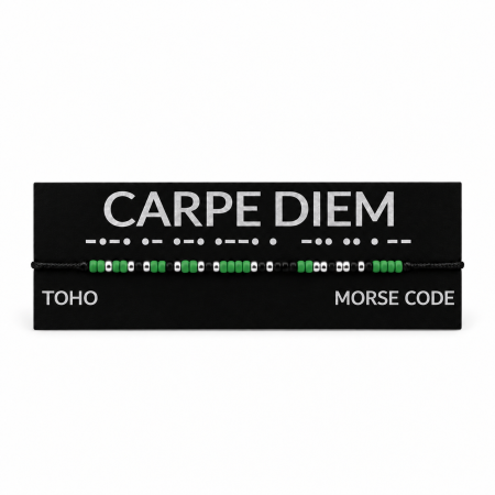 Brățară „ Carpe Diem ” în Cod Morse cu mărgele TOHO – verde, negru și argintiu, handmade, reglabilă [1]