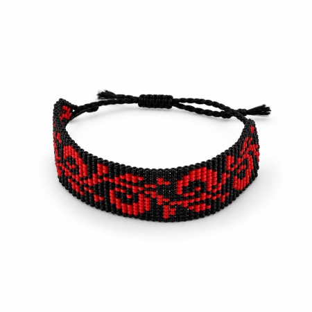 Țesută manual - Brățară handmade din mărgele TOHO, negru și roșu, model floral, reglabilă